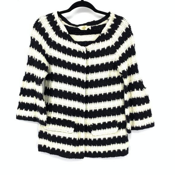 Anthropologie HWR Monogram Spike Striped Cardigan Sweater Sz M Black White - Picture 1 of 6